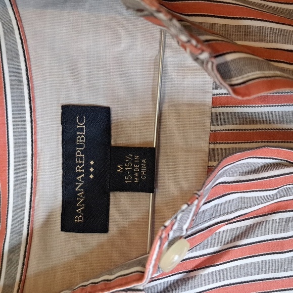 Banana Republic Cotton Shirt Men's Medium Gray Salmon Striped Camp Collared - Picture 4 of 8